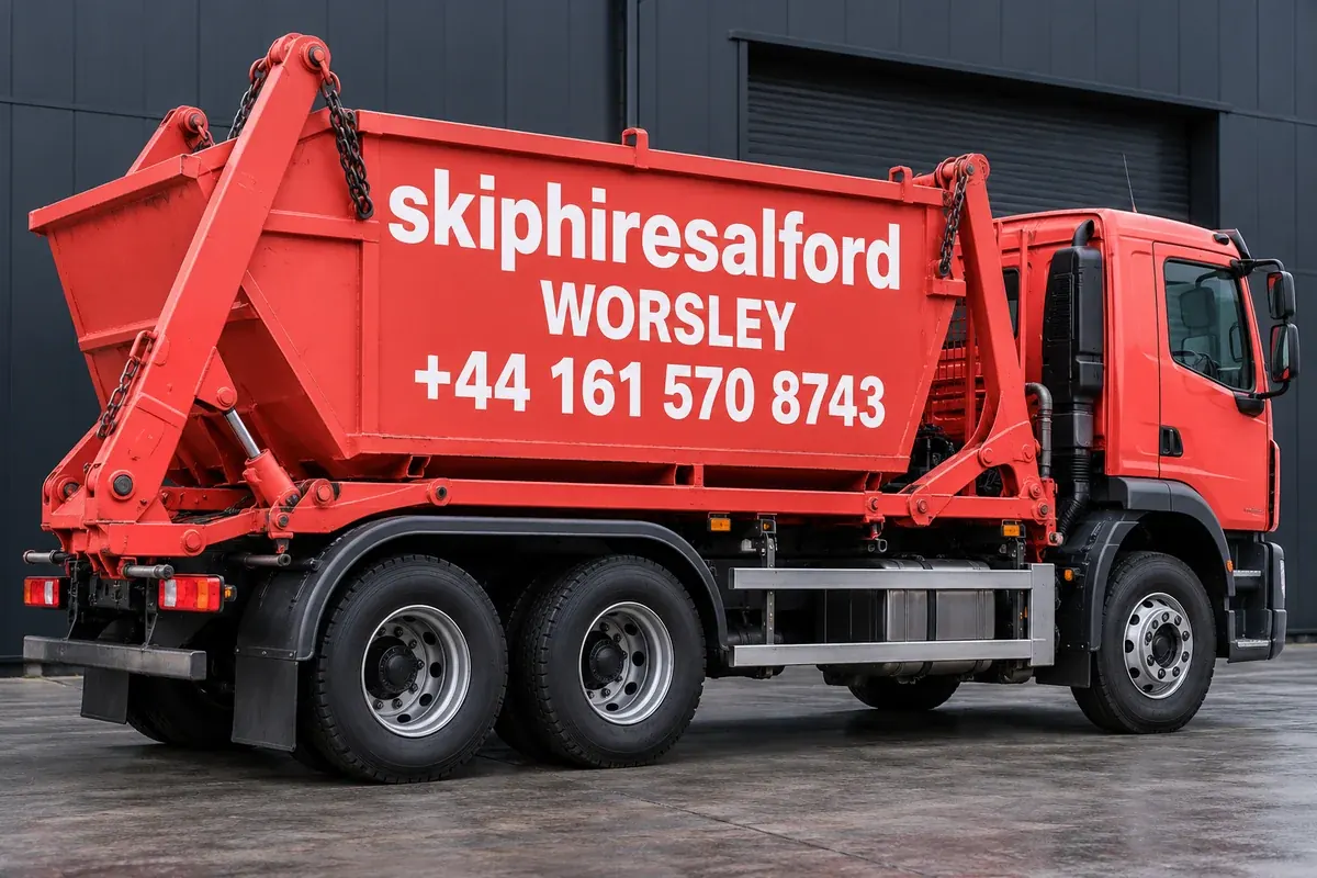 Coral truck with skiphiresalford, Worsley and +44 161 570 8743 on its container